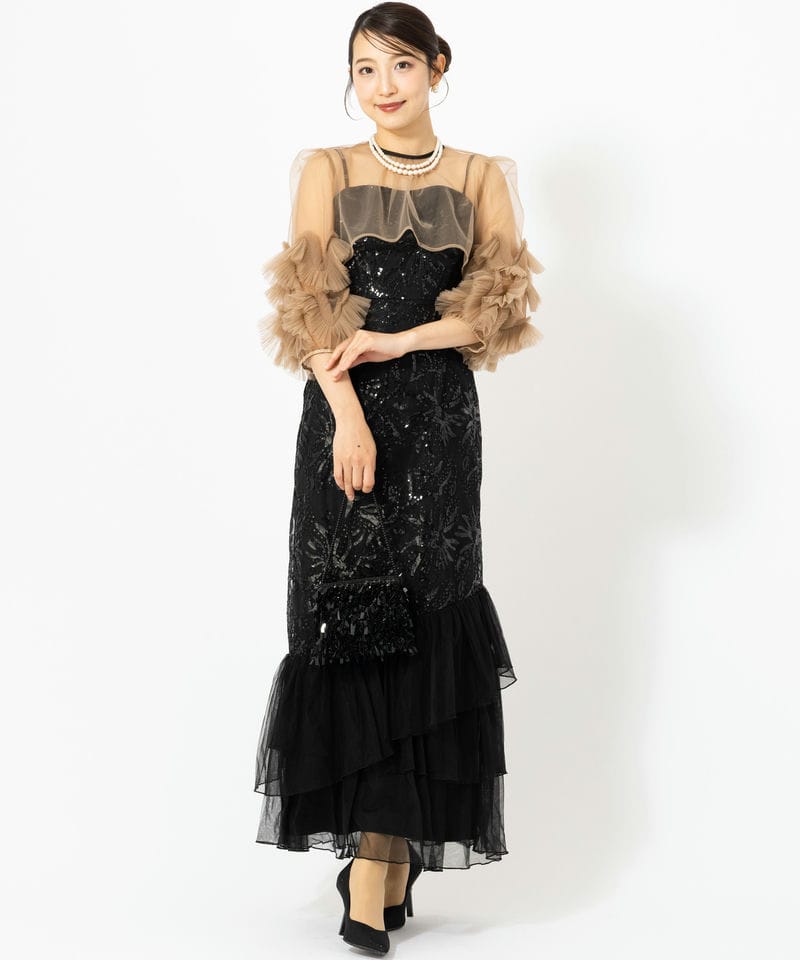 Leja レジャ フラワースパンコールチュールフリルスリーブIライン