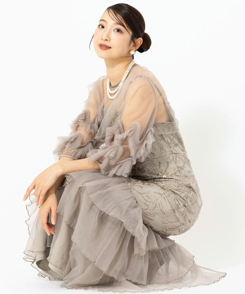 Leja レジャ フラワースパンコールチュールフリルスリーブIライン