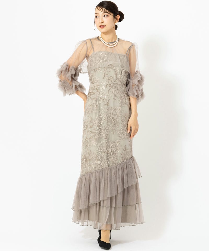 Leja レジャ フラワースパンコールチュールフリルスリーブIライン