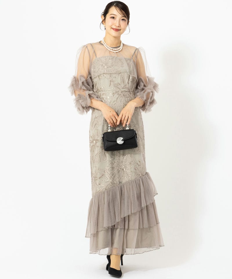 Leja レジャ フラワースパンコールチュールフリルスリーブIライン