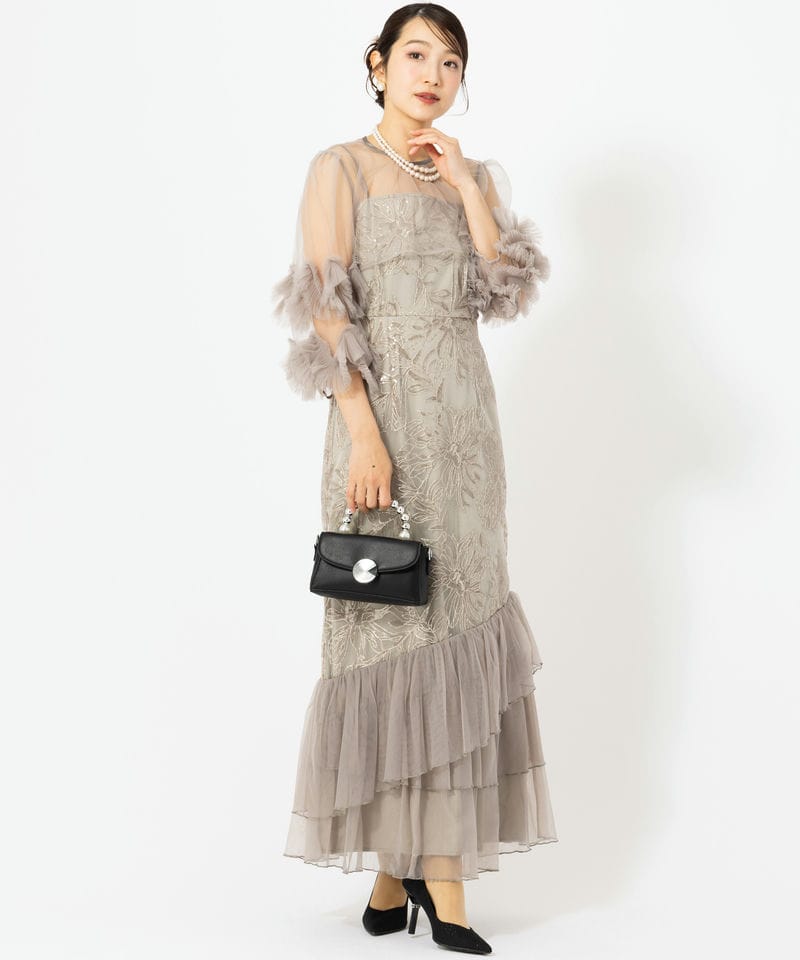 Leja レジャ フラワースパンコールチュールフリルスリーブIライン