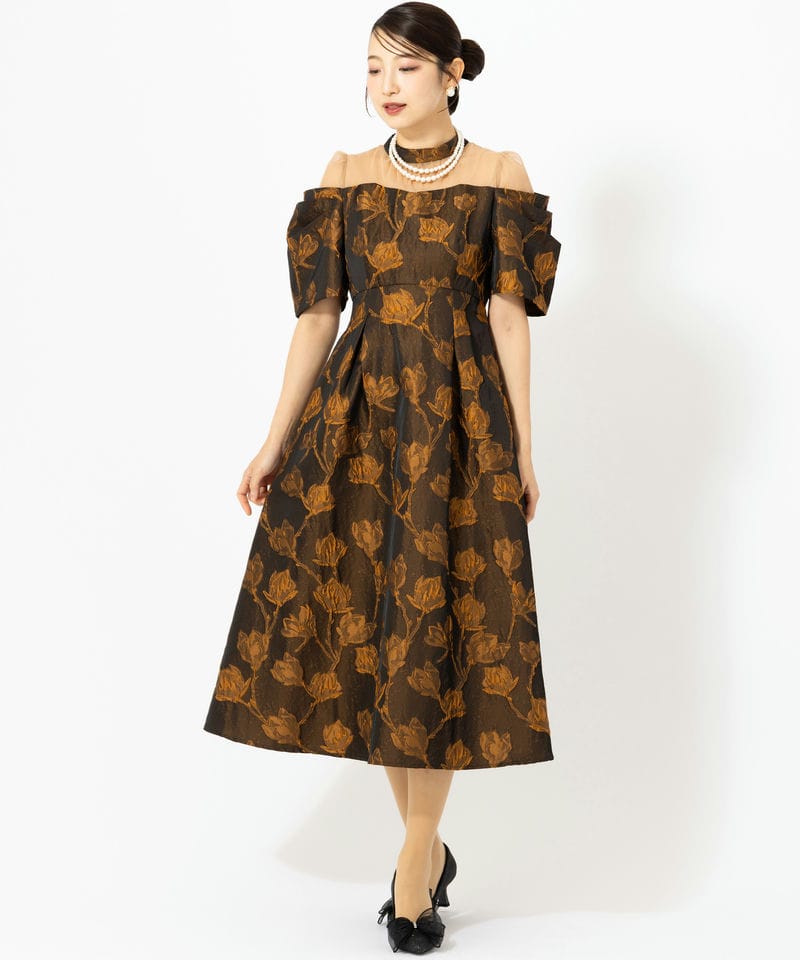 Select Shop タックスリーブジャガードドレス ブラウン系 | 結婚式