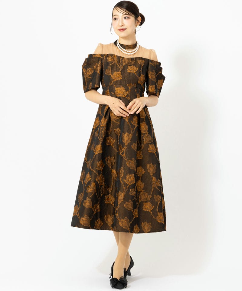 Select Shop タックスリーブジャガードドレス ブラウン系 | 結婚式