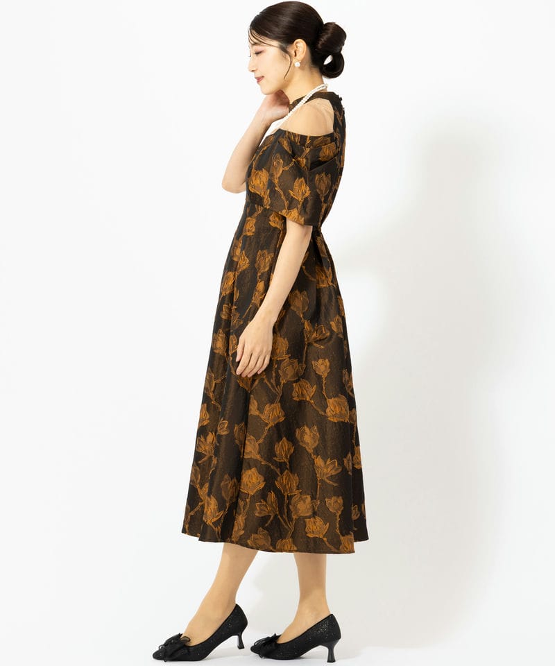 Select Shop タックスリーブジャガードドレス ブラウン系 | 結婚式