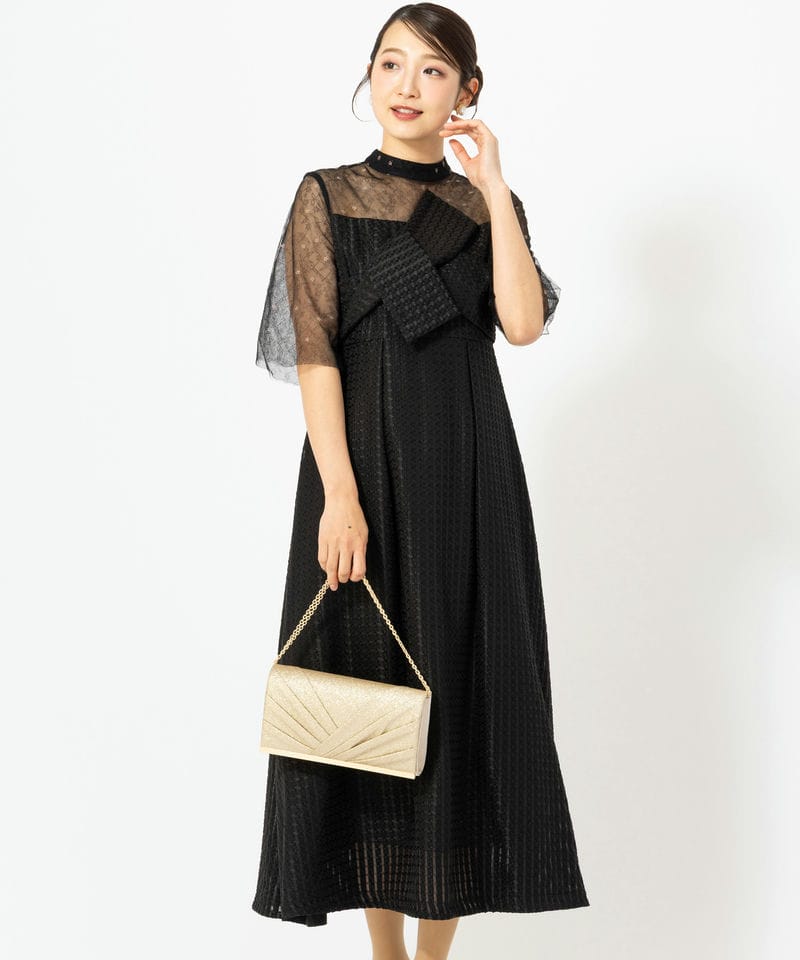 Leja レジャ シアーパフスリーブペプラムIラインドレス ブラック系
