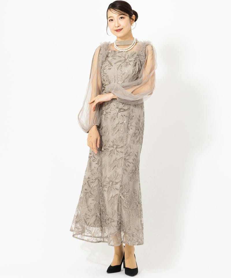 Leja レジャ フラワースパンコールチュールフリルロングスリーブ