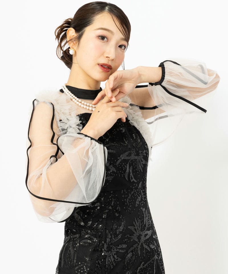 Leja レジャ フラワースパンコールチュールフリルロングスリーブ