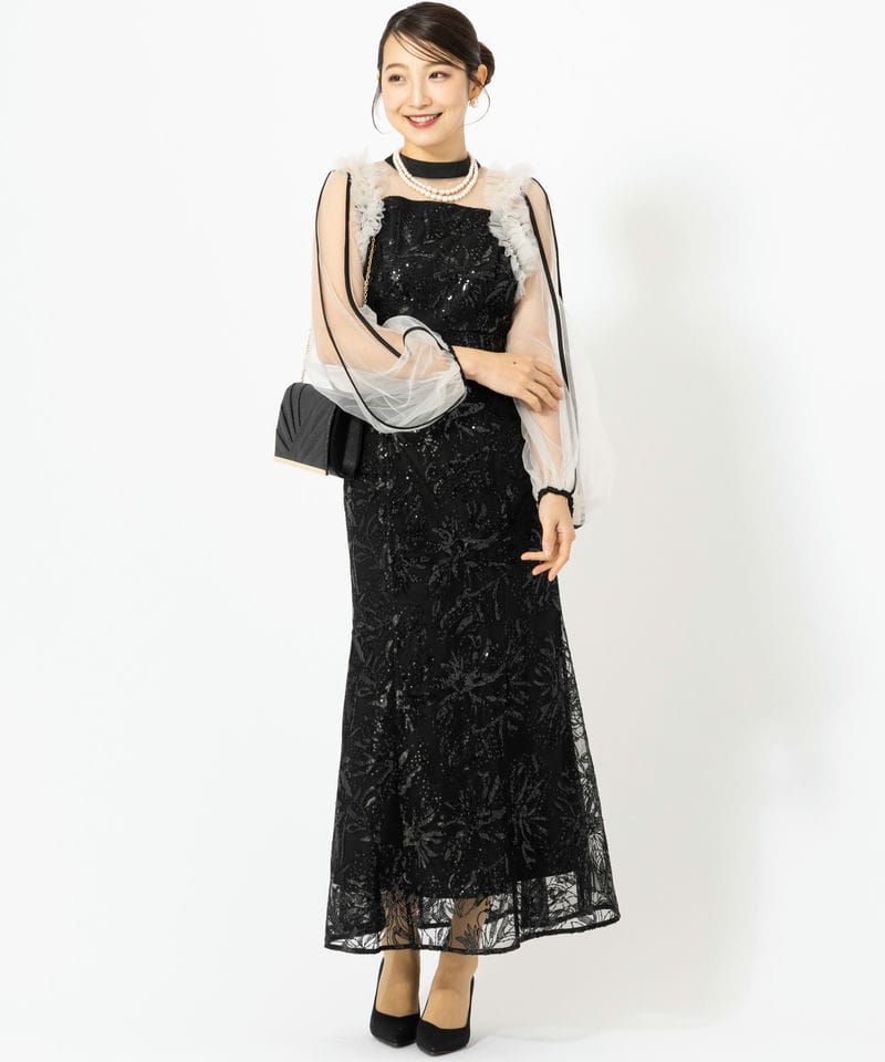 Leja レジャ フラワースパンコールチュールフリルロングスリーブ