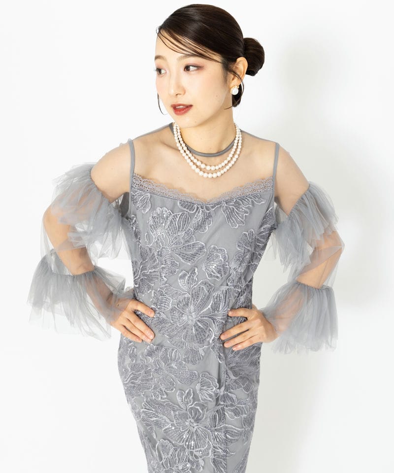 Leja レジャ シアーチュールベルスリーブペイントIラインドレス グレー