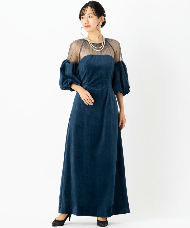 Ameri VINTAGE アメリヴィンテージ スフレスリーブベロアドレス ブルー