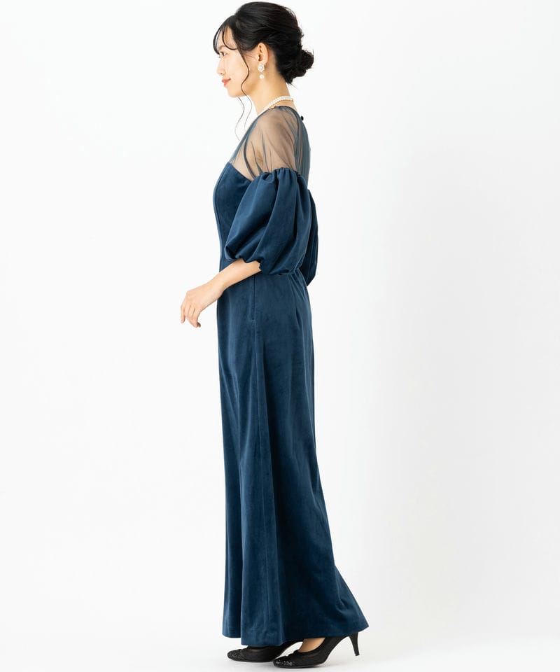 Ameri VINTAGE アメリヴィンテージ スフレスリーブベロアドレス ブルー