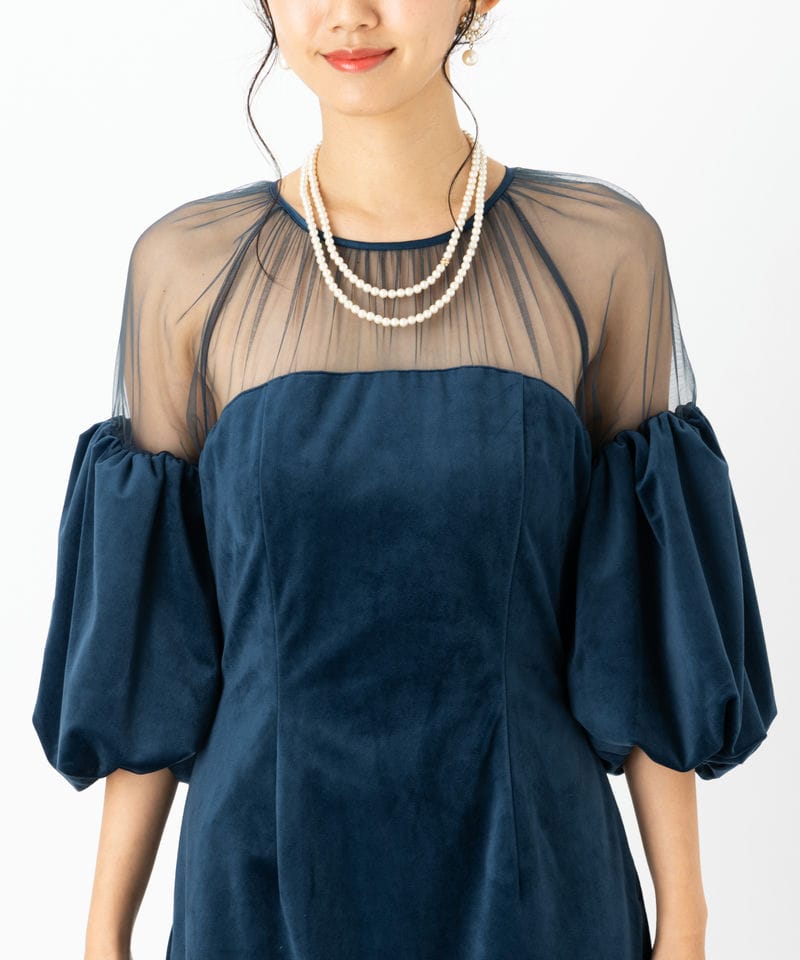 Ameri VINTAGE アメリヴィンテージ スフレスリーブベロアドレス ブルー
