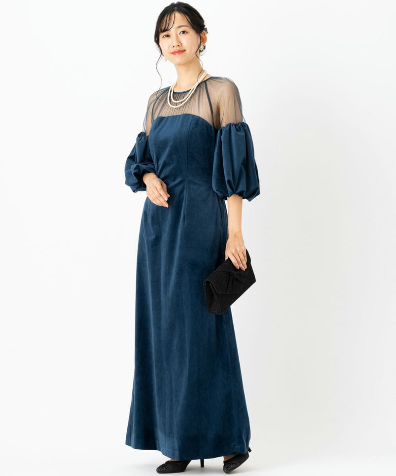 Ameri VINTAGE アメリヴィンテージ スフレスリーブベロアドレス ブルー