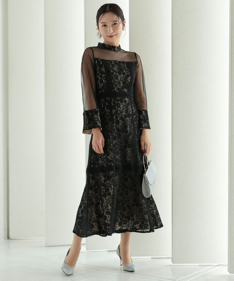 Select Shop プチハイネックレース切替ドレス ブラック系 | 結婚式
