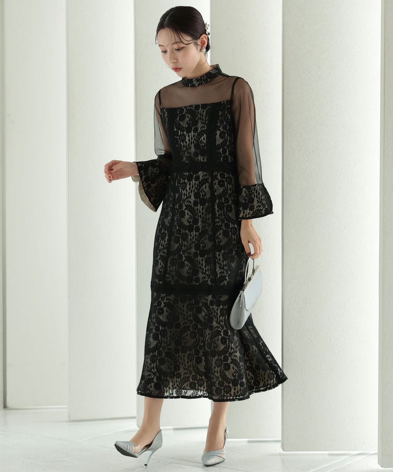 Select Shop プチハイネックレース切替ドレス ブラック系 | 結婚式