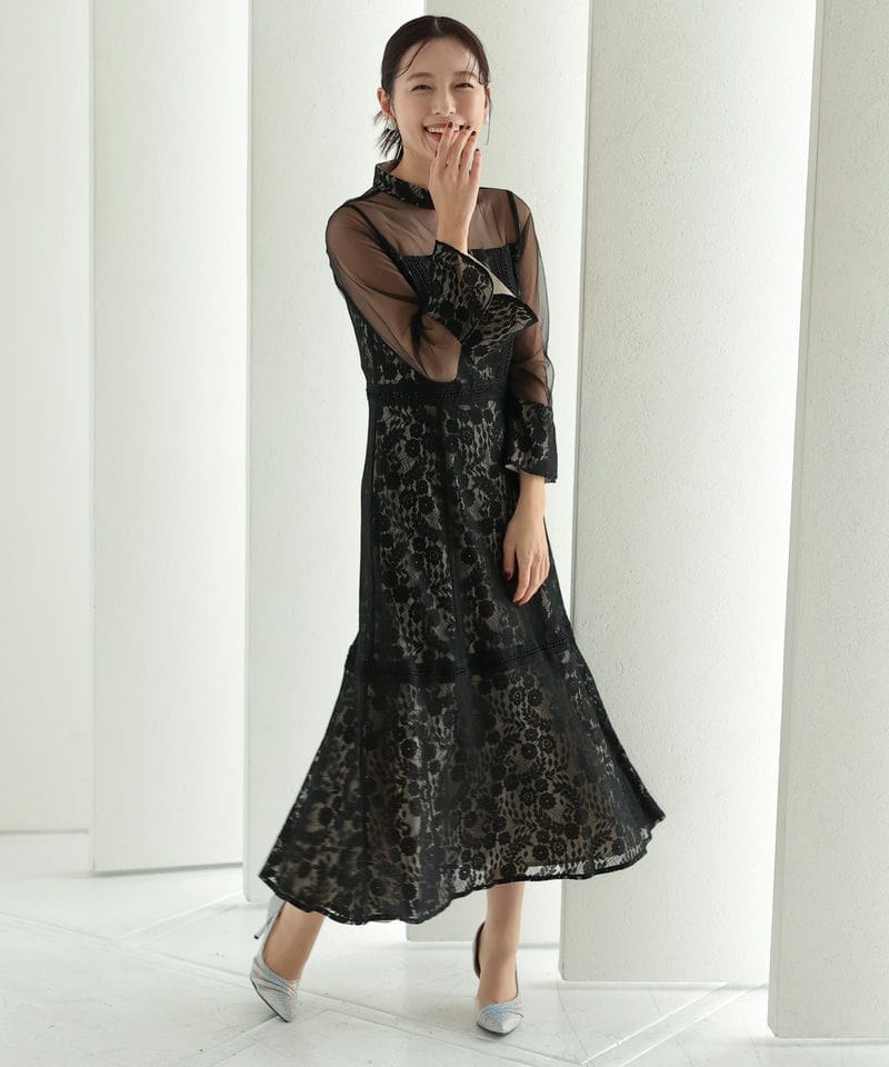 Select Shop プチハイネックレース切替ドレス ブラック系 | 結婚式