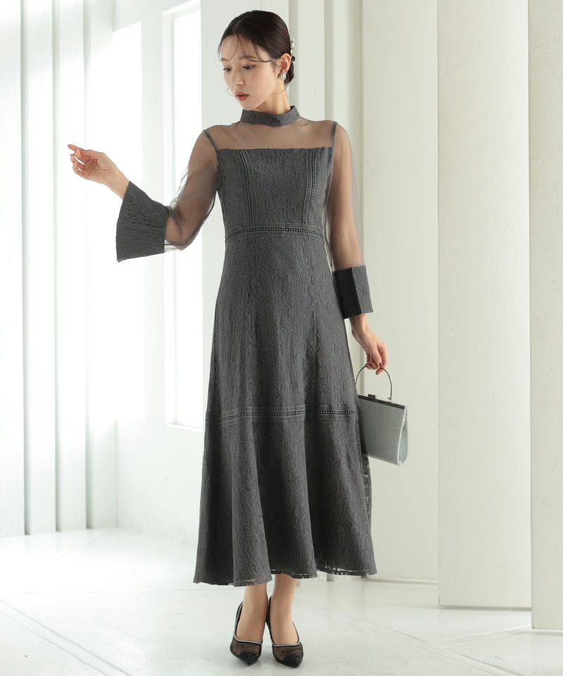 Select Shop プチハイネックレース切替ドレス グレー系 | 結婚式