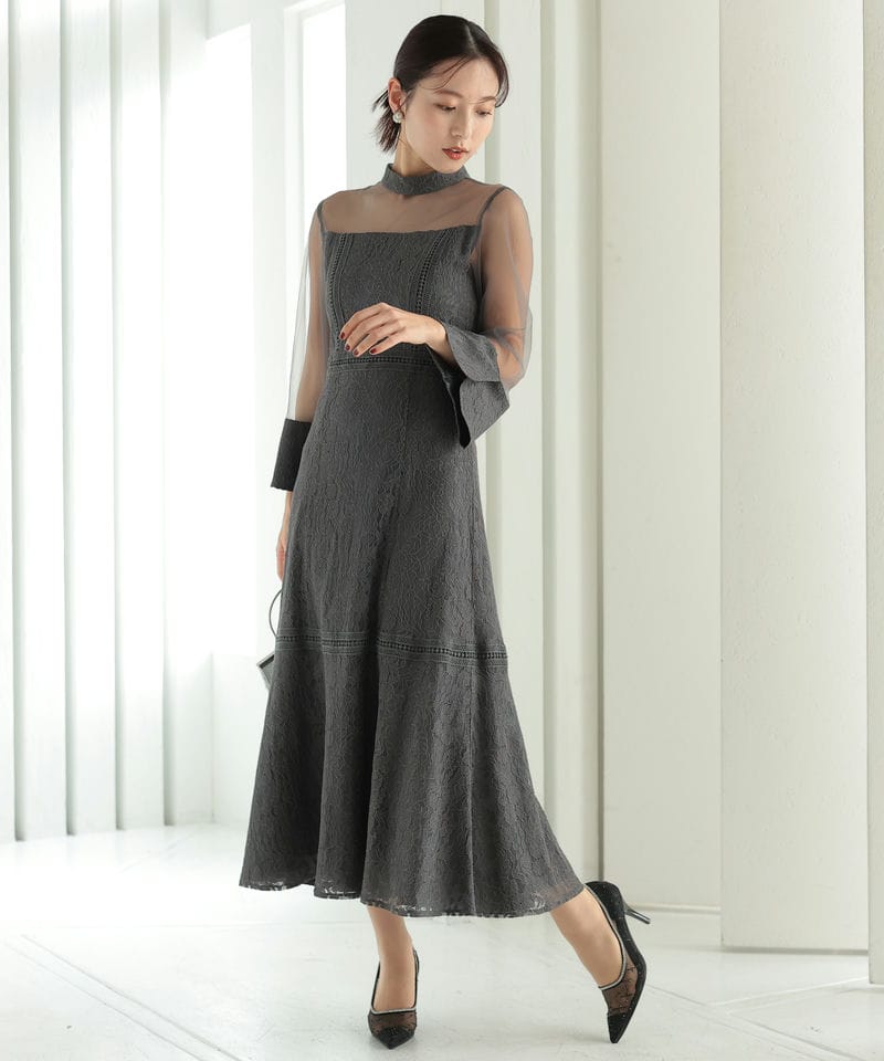 Select Shop プチハイネックレース切替ドレス グレー系 | 結婚式