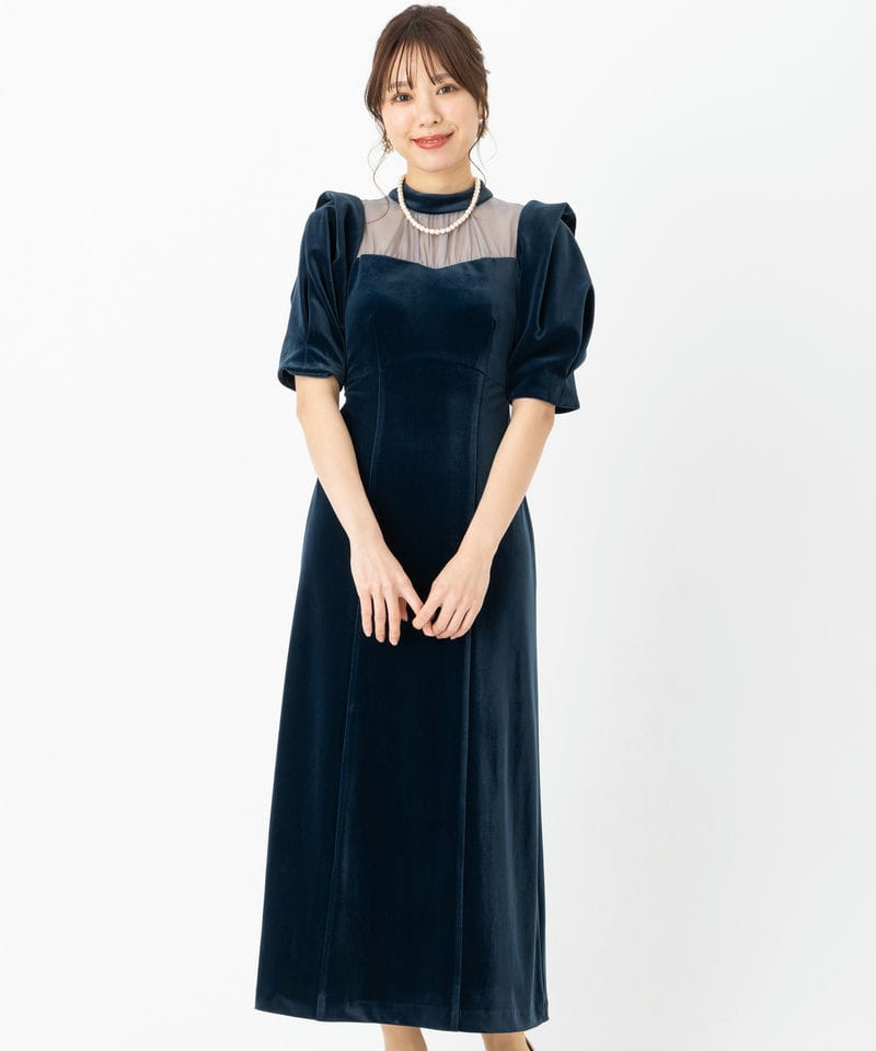 Ameri VINTAGE アメリヴィンテージ スフレスリーブベロアドレス ブルー