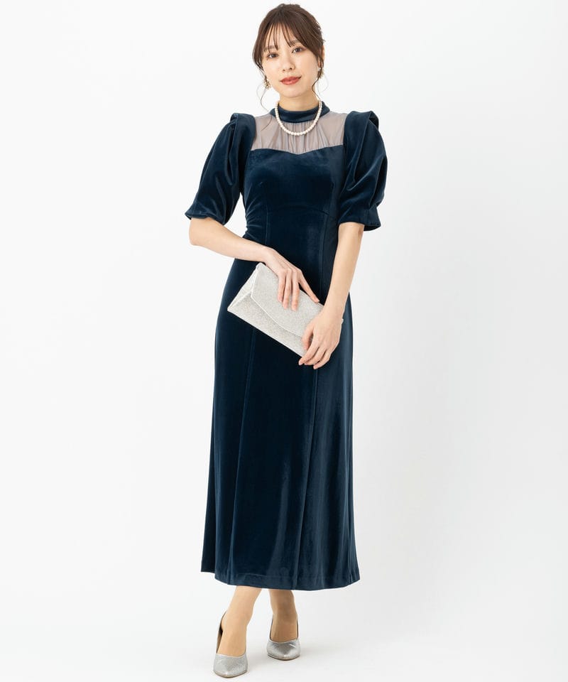 LilyBrown リリーブラウン シアーネックベロアドレス ブルー系 | 結婚