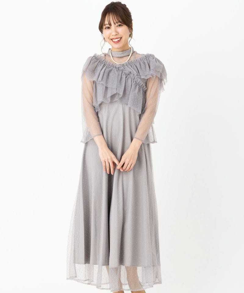 Leja レジャ ドットストーンギャザーチュールAラインドレス グレー系