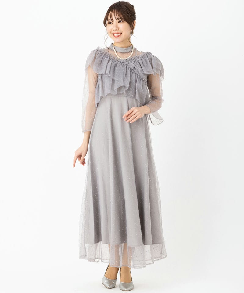Leja レジャ ドットストーンギャザーチュールAラインドレス グレー系