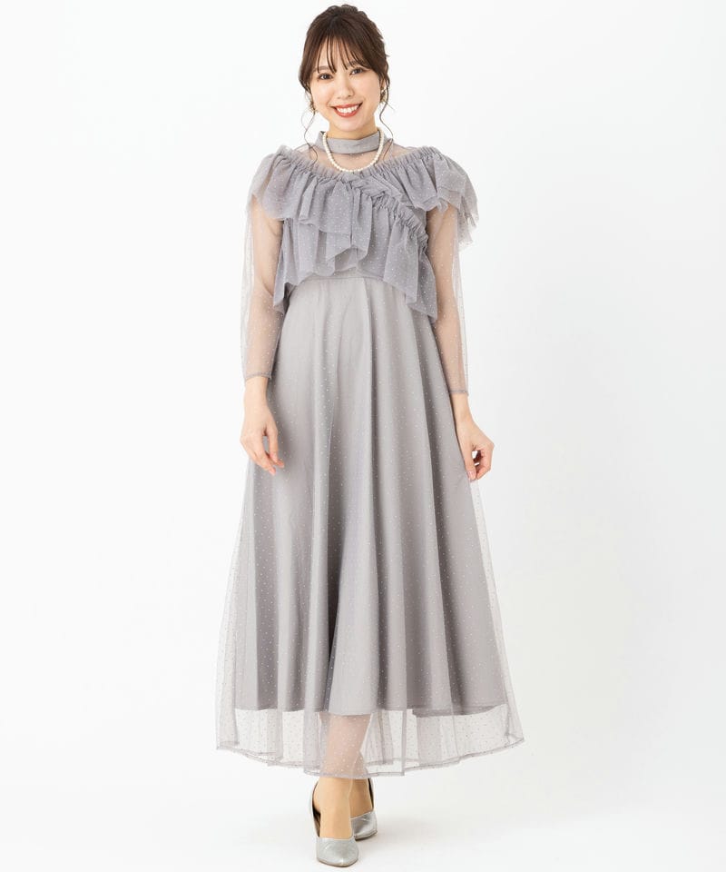 Leja レジャ ドットストーンギャザーチュールAラインドレス グレー系