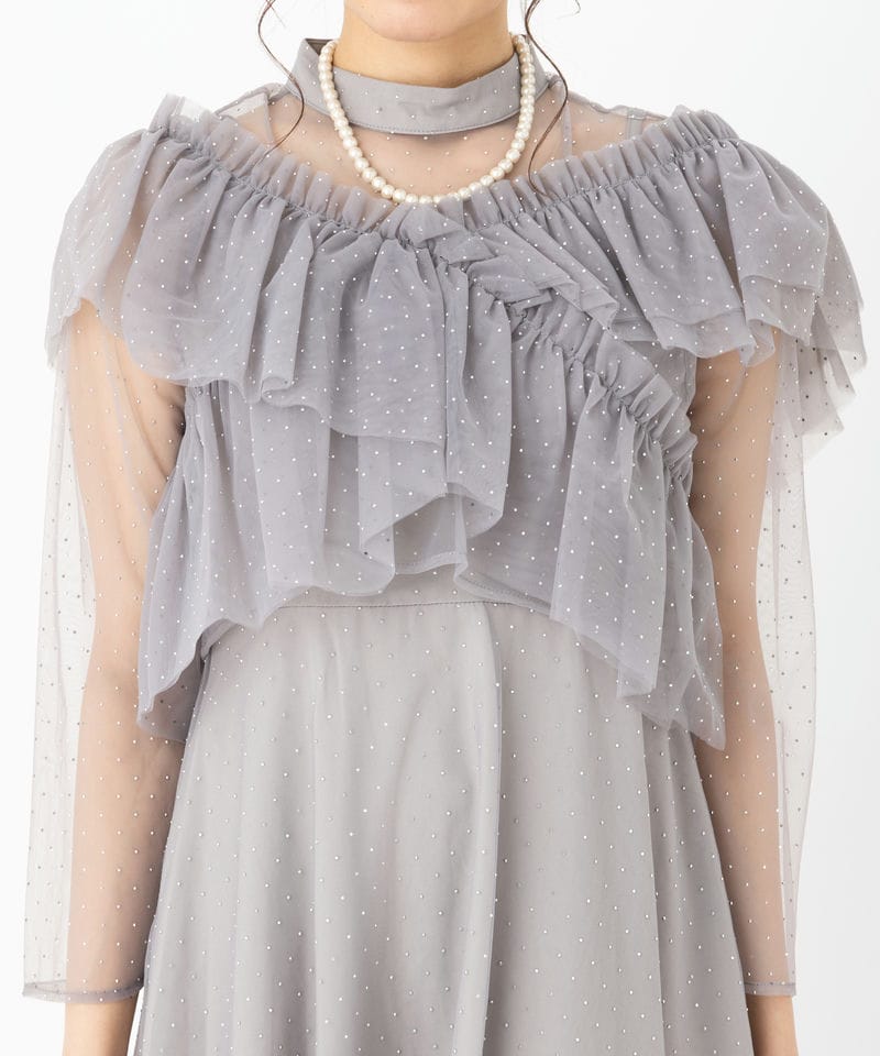 Leja レジャ ドットストーンギャザーチュールAラインドレス グレー系