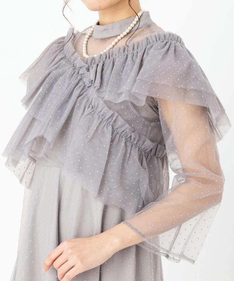 Leja レジャ ドットストーンギャザーチュールAラインドレス グレー系