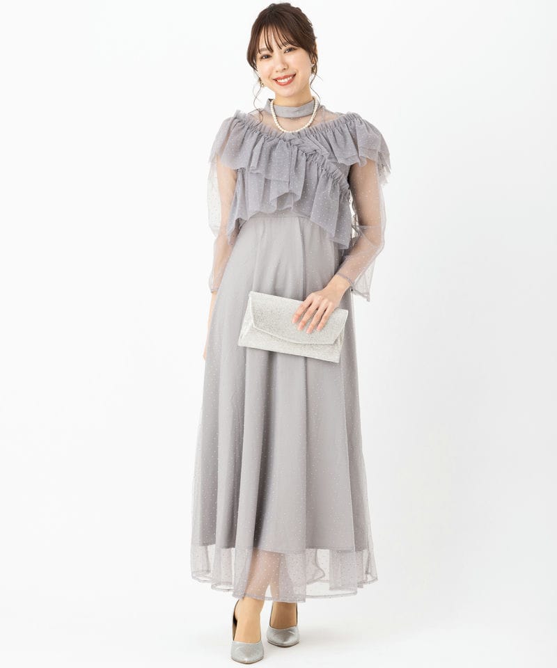 Leja レジャ ドットストーンギャザーチュールAラインドレス グレー系