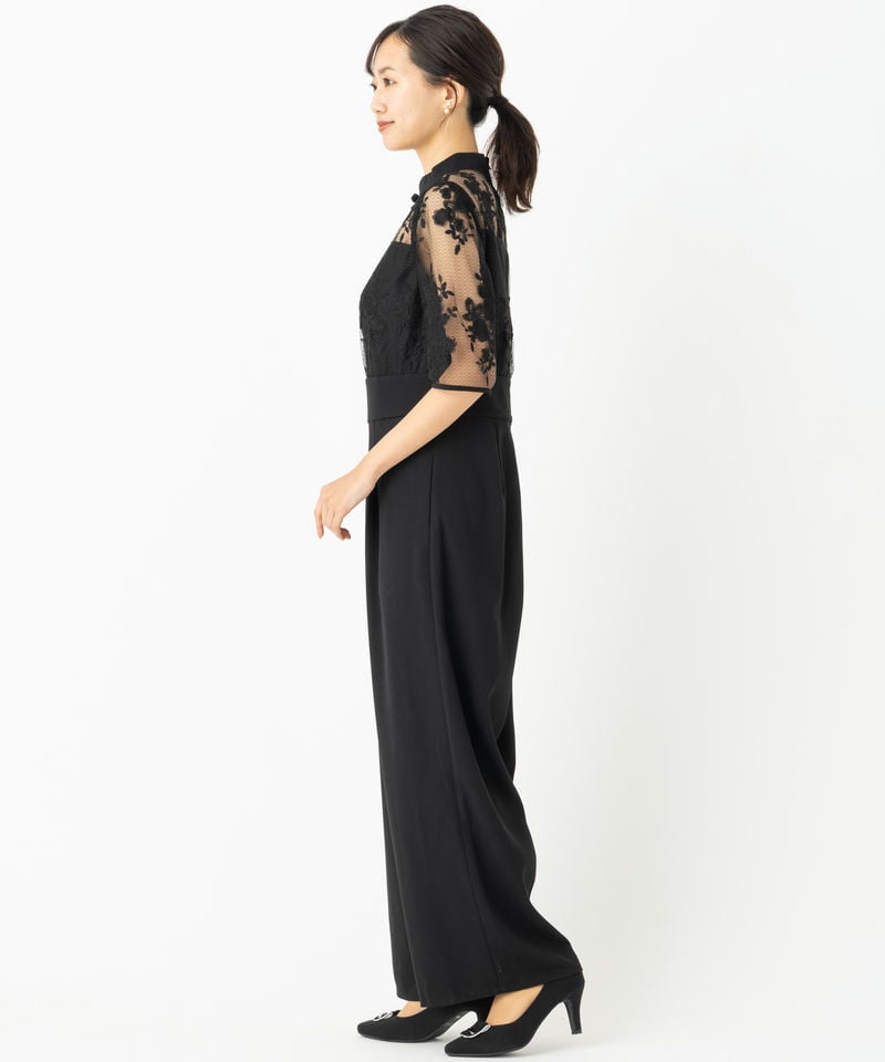 Leja レジャ チャイナプチハイネック花柄レースパンツドレス ブラック