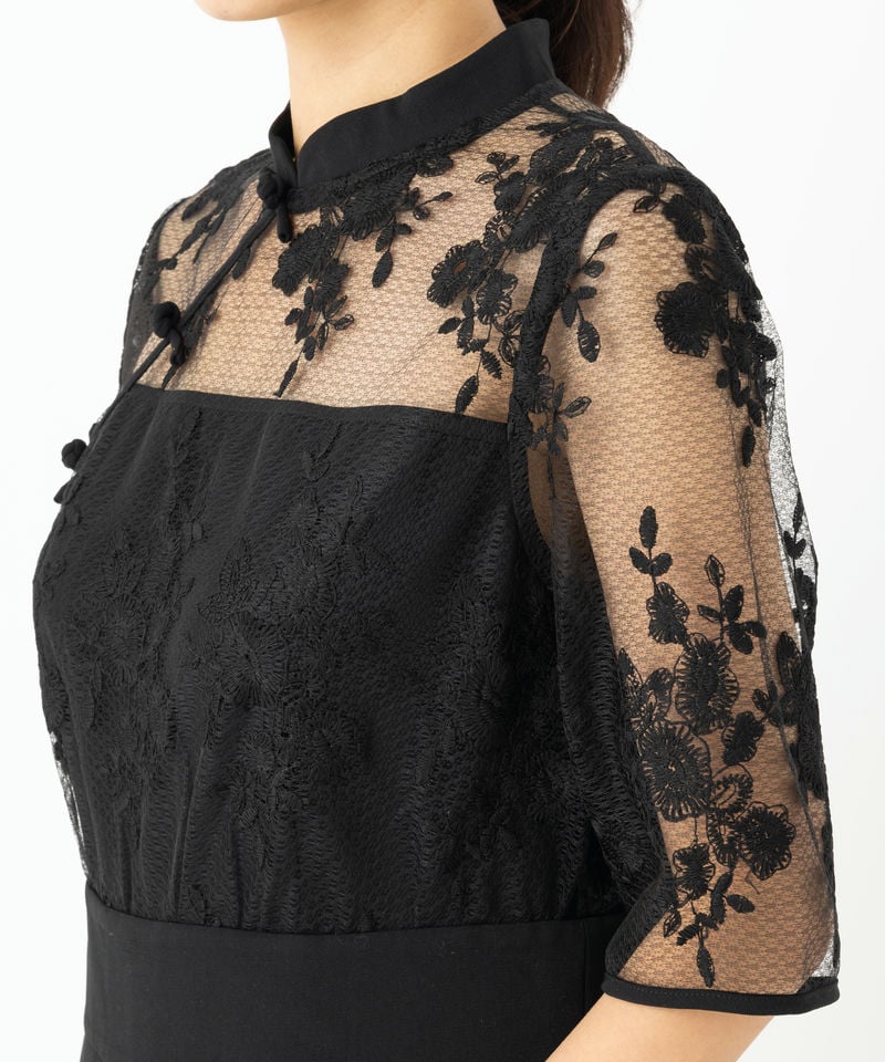 Leja レジャ チャイナプチハイネック花柄レースパンツドレス ブラック