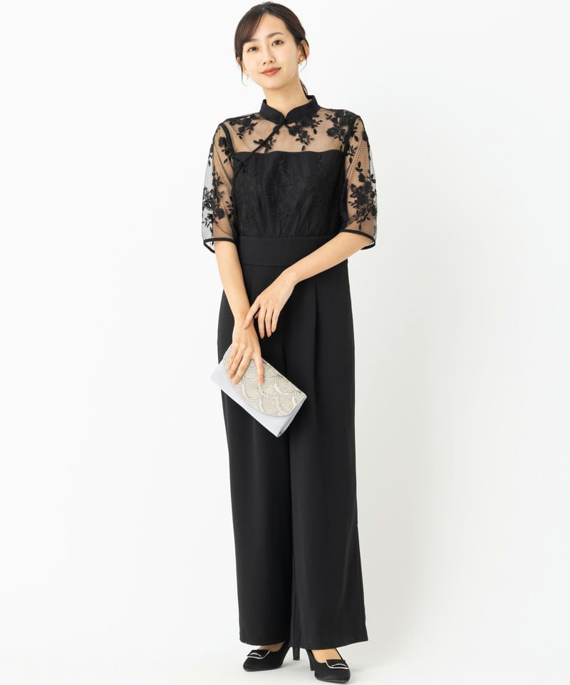 Leja レジャ チャイナプチハイネック花柄レースパンツドレス ブラック
