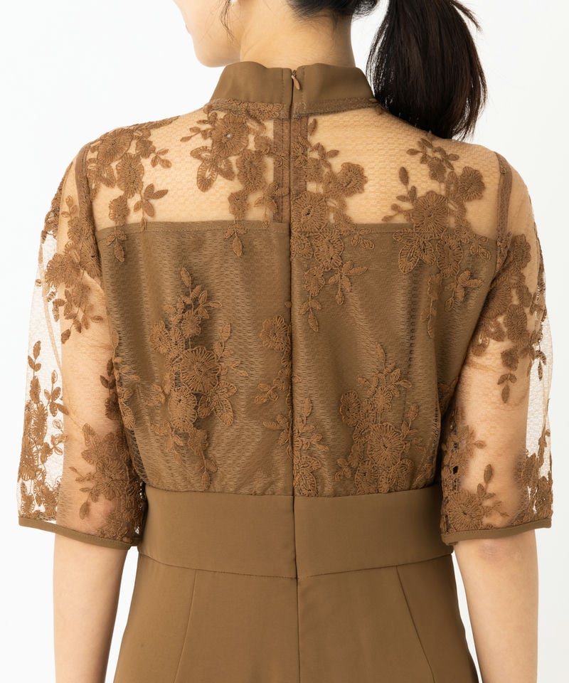 Leja レジャ チャイナプチハイネック花柄レースパンツドレス ブラウン