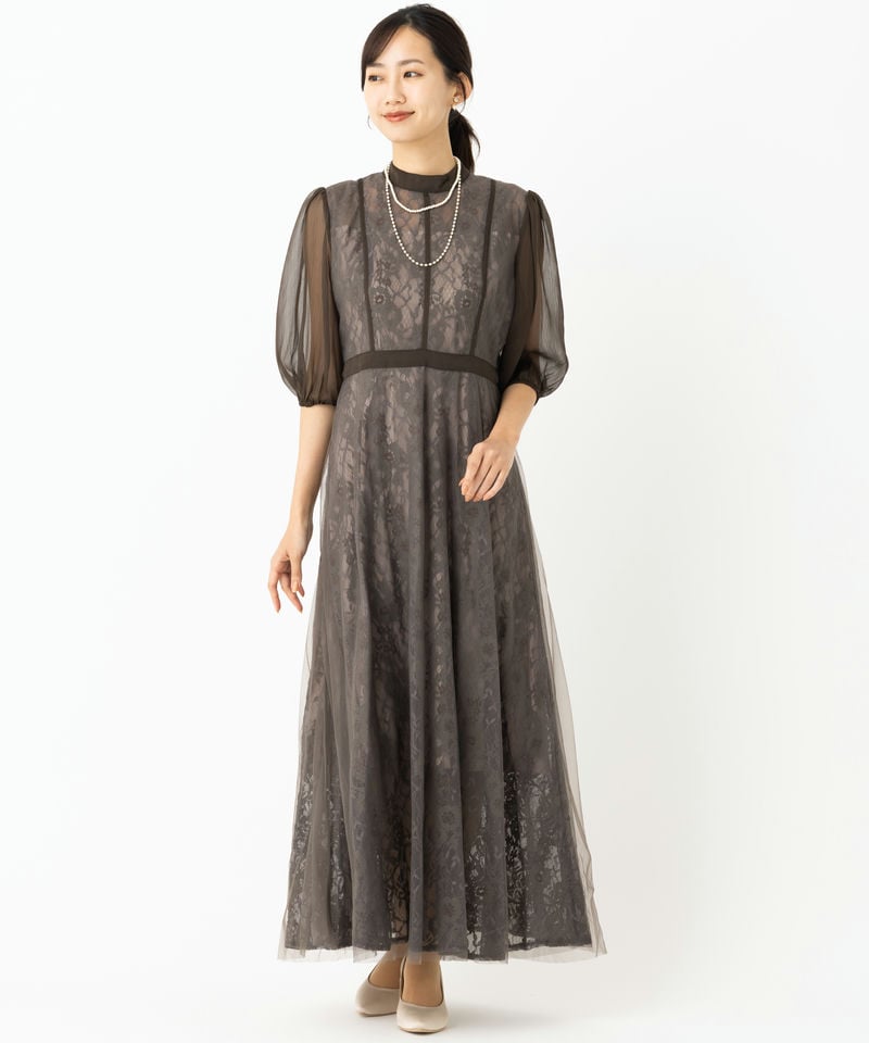 Leja レジャ ハイウエストチュールレース切り替えドレス グレー系