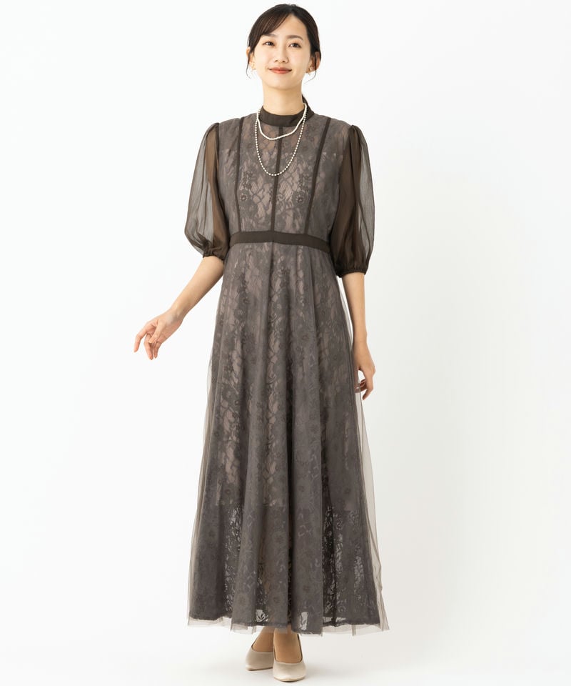 Leja レジャ ハイウエストチュールレース切り替えドレス グレー系