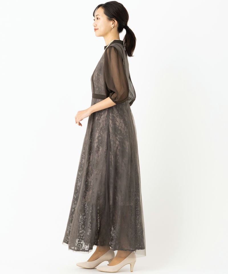 Leja レジャ ハイウエストチュールレース切り替えドレス グレー系