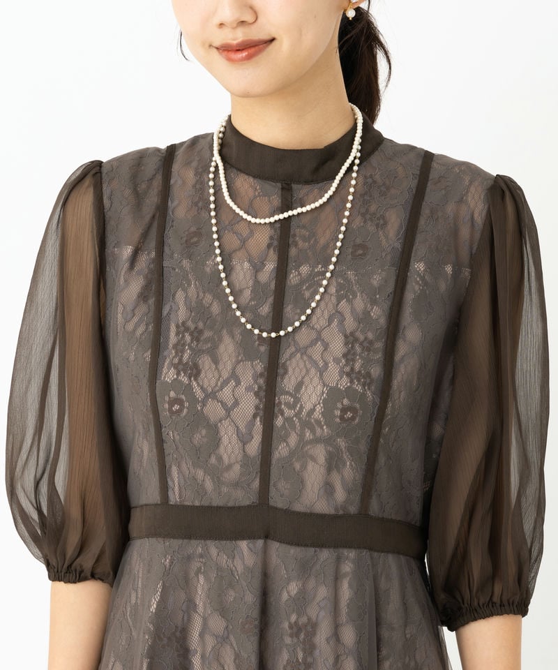 Leja レジャ ハイウエストチュールレース切り替えドレス グレー系