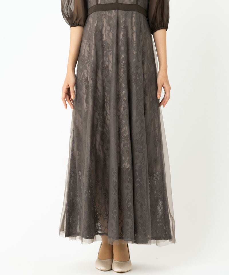 Leja レジャ ハイウエストチュールレース切り替えドレス グレー系