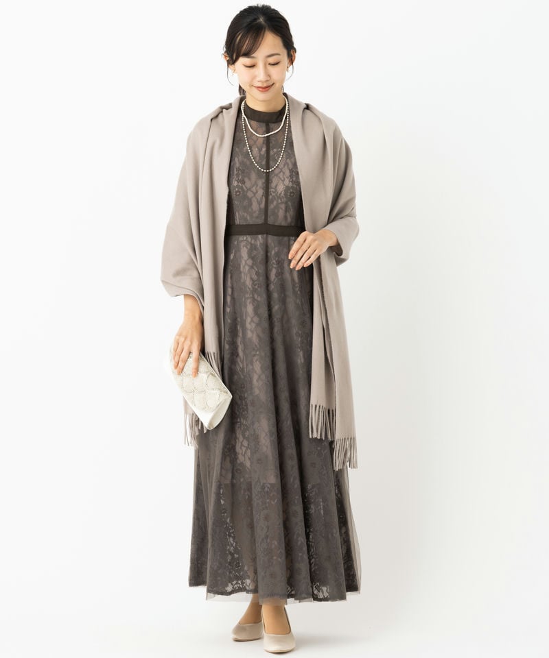 Leja レジャ ハイウエストチュールレース切り替えドレス グレー系