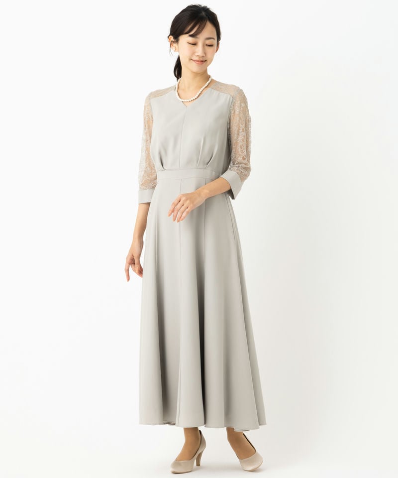 Aimer フラワーレース袖マキシドレス グリーン系 | 結婚式パーティーの