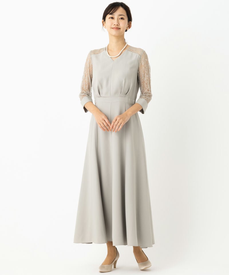 Aimer フラワーレース袖マキシドレス グリーン系 | 結婚式パーティーの
