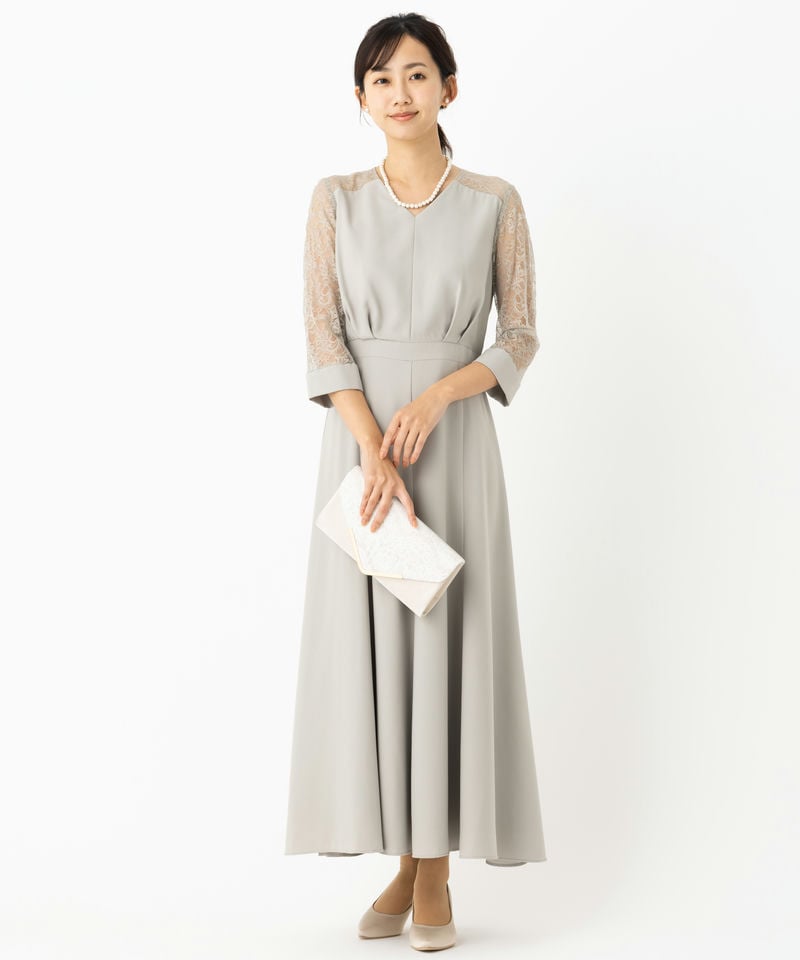Aimer フラワーレース袖マキシドレス グリーン系 | 結婚式パーティーの