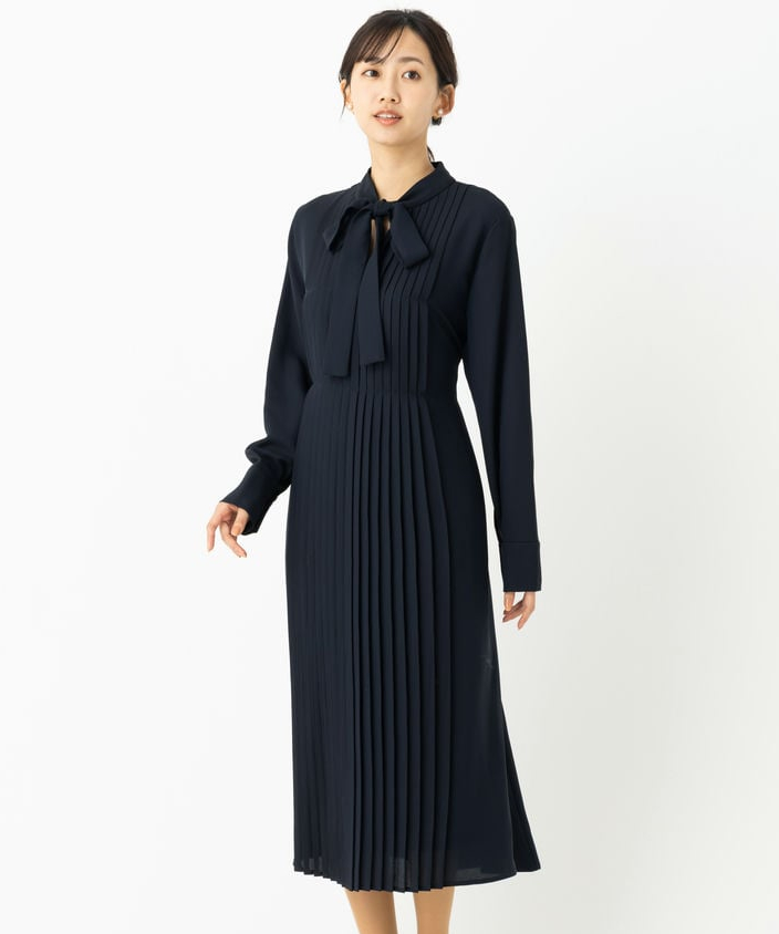 CELFORD セルフォード ボウタイAラインプリーツワンピース ネイビー系