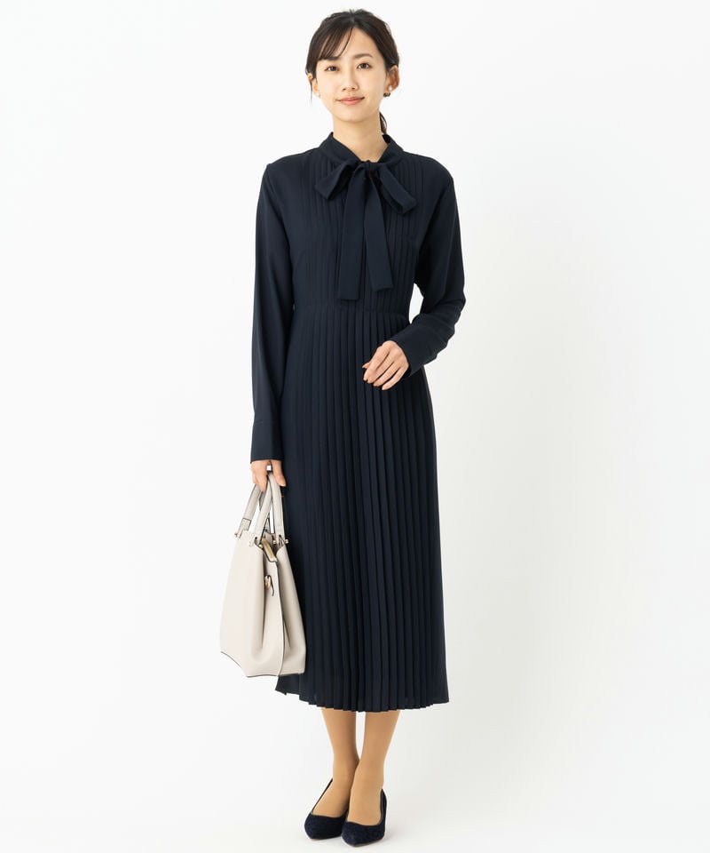 CELFORD セルフォード ボウタイAラインプリーツワンピース ネイビー系