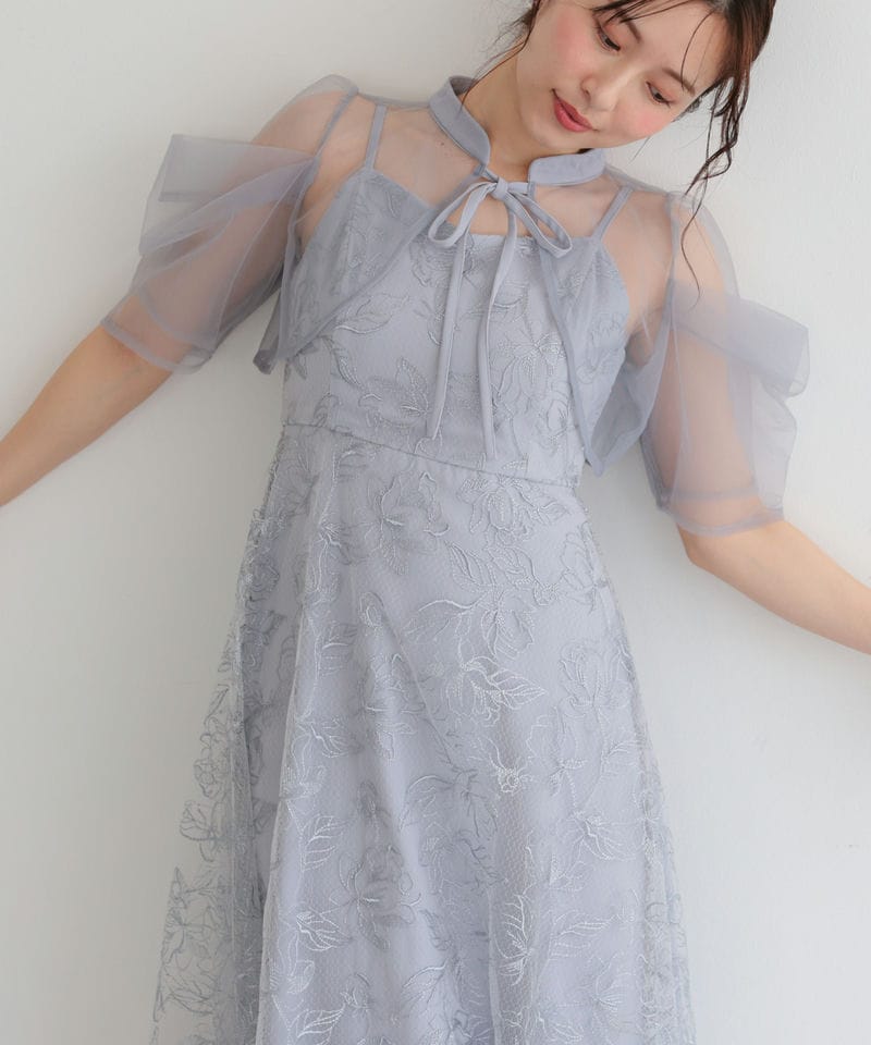 Select Shop ボレロレイヤードチュールフラワー刺繍ロングドレス