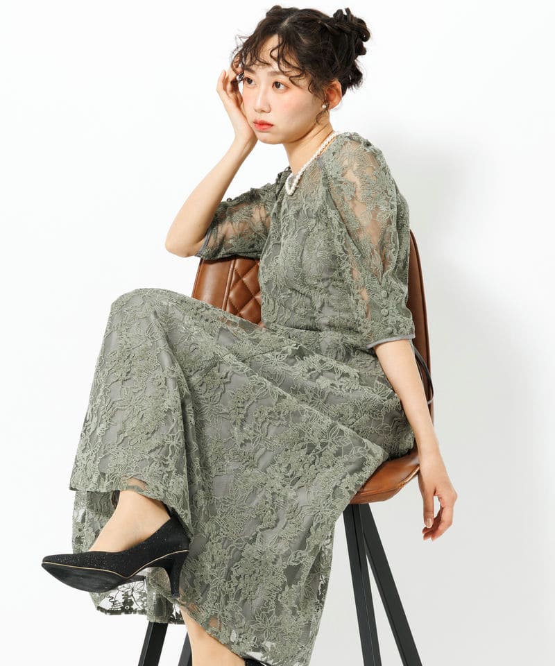 Aimer エメ ラメモールレース七分袖パネルラインドレス グリーン系