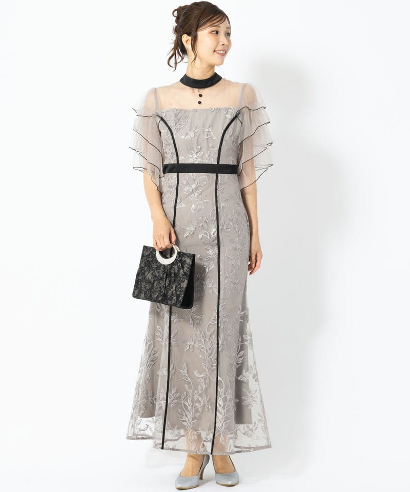 Leja レジャ ハイネックパイピングシアーチュールスリーブスパンコール
