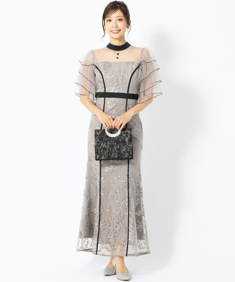 Leja レジャ ハイネックパイピングシアーチュールスリーブスパンコール