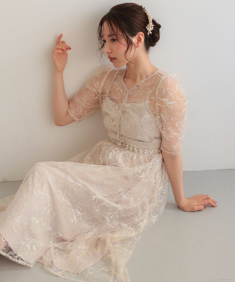 Select Shop シアーラインフラワー刺繍パフスリーブドレス ベージュ系